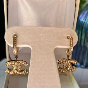 CHANEL 14k Gold and Crystal Logo Earrings- stamped and numbered